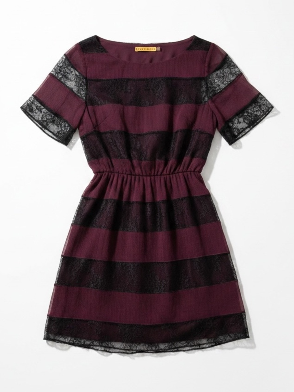ALICE + OLIVIA Danny Lace Striped Blouson Mini Dress Burgundy Black Small